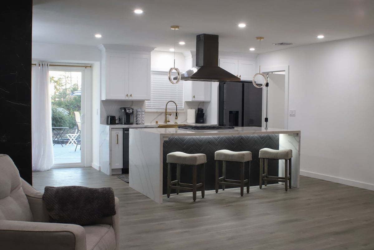 Bright contemporary home interior adjacent to an open living space